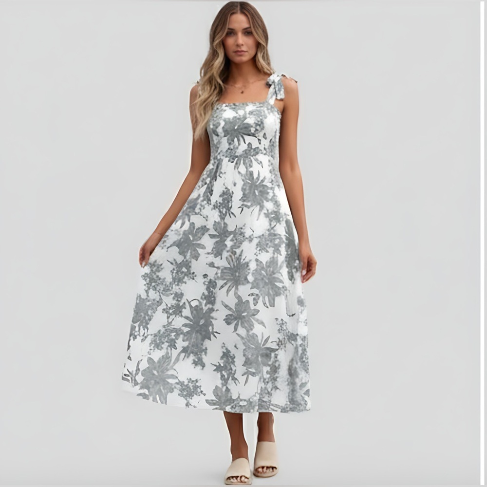 Boho Floral Shirred Cami Dress White/Gray